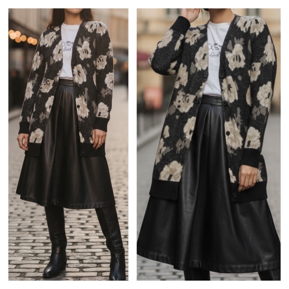 Isaac Mizrahi Knit Floral Intarsia Long Cardigan Sweater Button Front V-Neck M - Picture 4 of 15